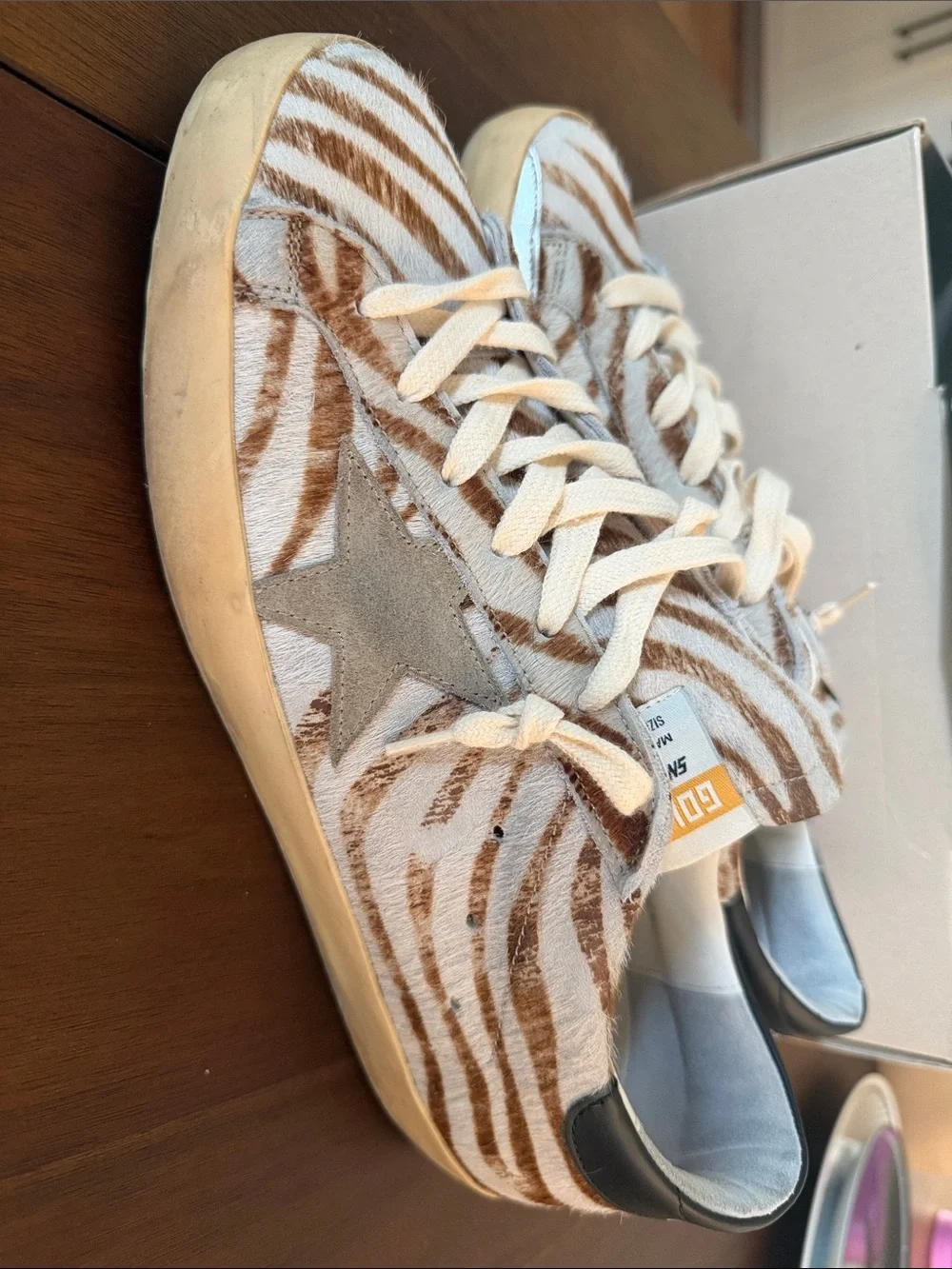 Golden Goose Zebra-Print Low-Top Sneakers in Cream and Brown with Gray Star - Picture 1 of 5